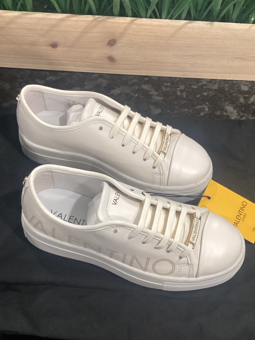 Valentino Cream Platform Lace-Up Sneakers with Gold Nameplate